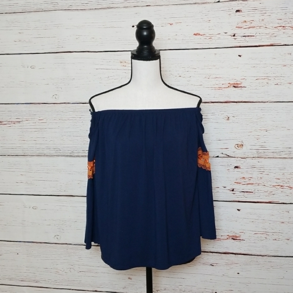 JAMES & JOY // navy off shoulder orange lace top